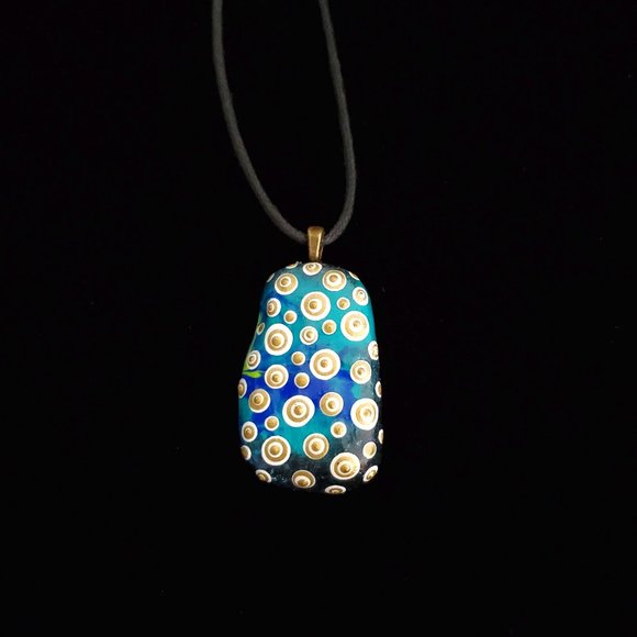Hand Painted Dot Art Pendant. Ocean Blues Gold and White - Picture 1 of 8